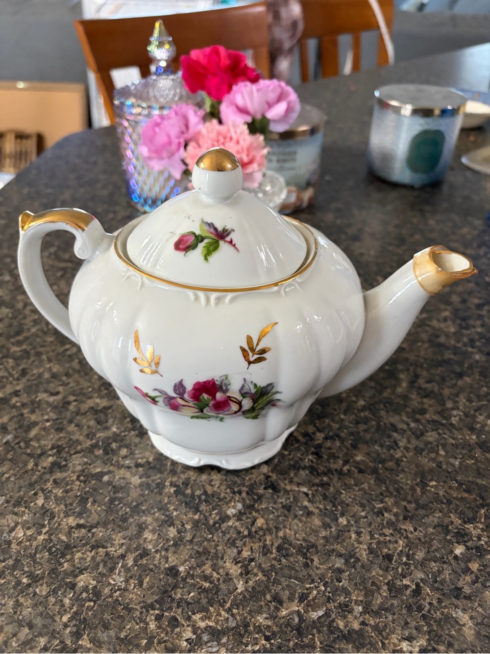Musical White Porcelain Floral Teapot with Gold Trim